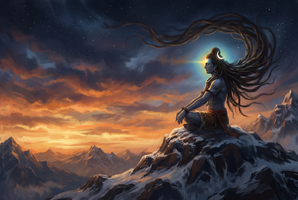 Adiyogi the first yogi seated in deep meditation atop a Himalayan peak at dawn, jata coiled into a starlit cosmic sky.